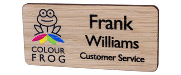 Printed wooden name badges - Real wood name badge with printed logo and text | www.namebadgesinternational.ie